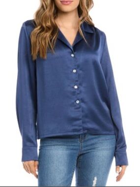 NWT Karen Kane Satin Button-Front Blouse - Navy Blue